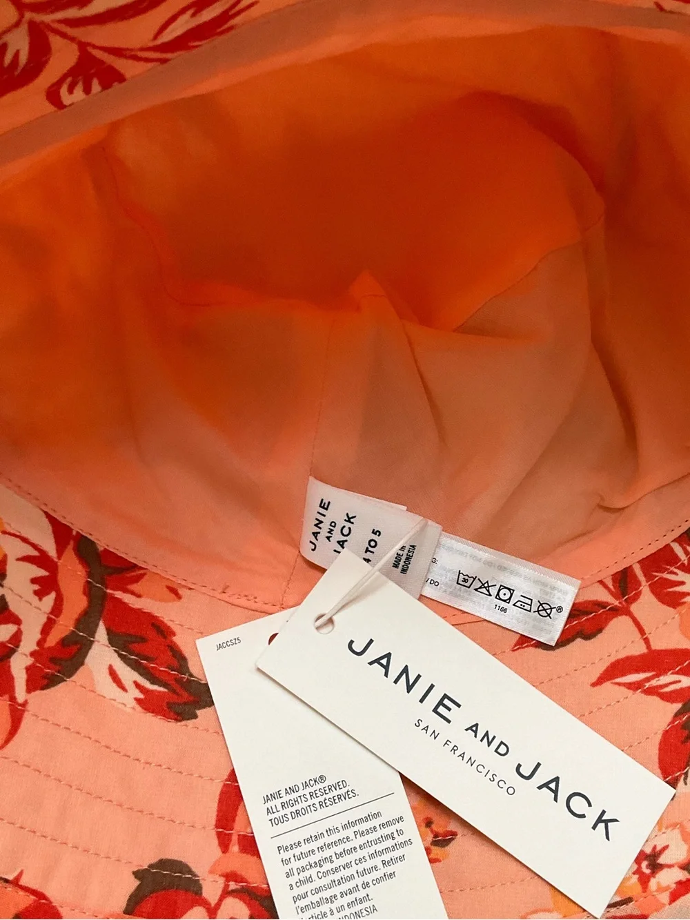 Janie and Jack Peach and Red Floral Bucket Hat Size 4-5years NWT